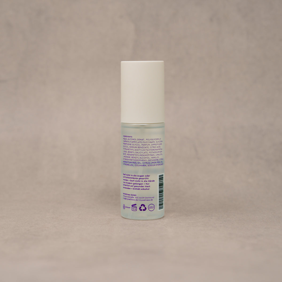 Rückseite des Happy Bliss Body Spray von MyWellness mit Inhaltsstoffen und Hinweisen
