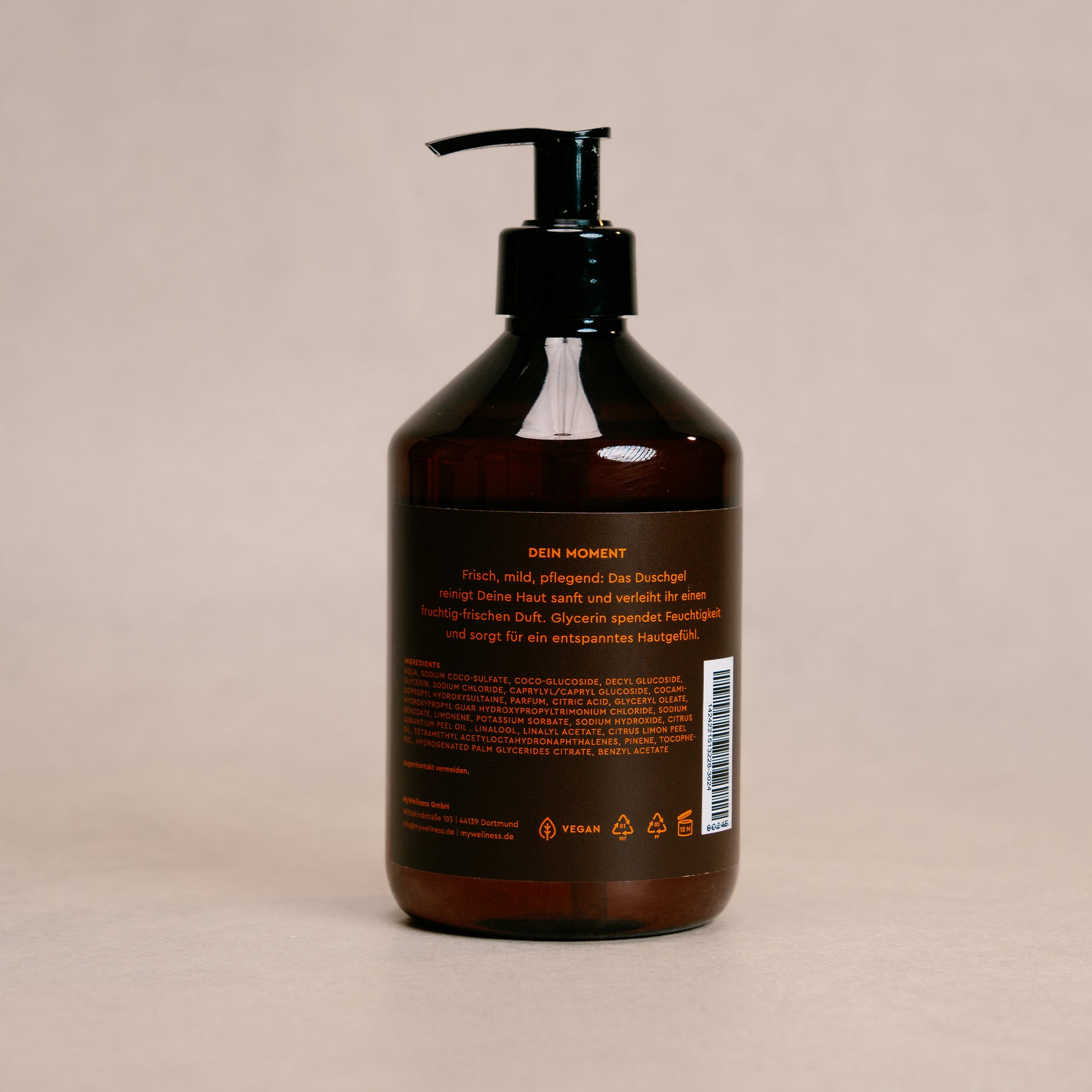 Rückseite der 500-ml-Pumpflasche Shower Gel Orange mit Inhaltsstoffen