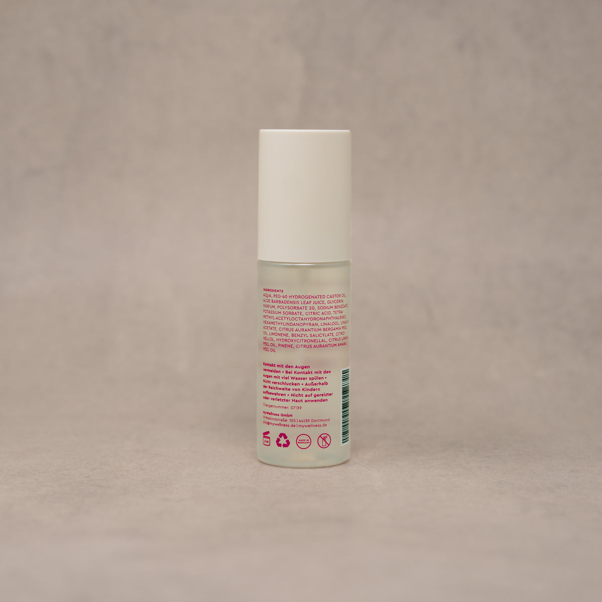 Rückseite des Yummy Bliss Body Spray von MyWellness mit Inhaltsstoffen und Hinweisen