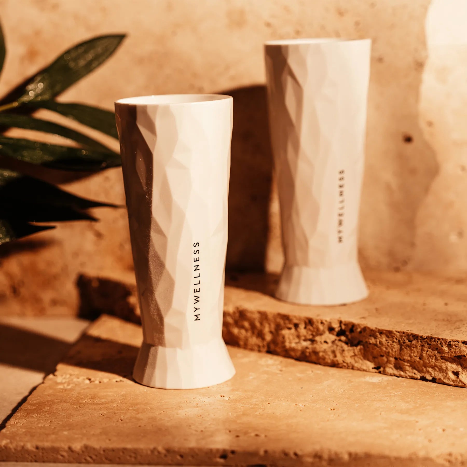 Zwei weiße MYWELLNESS-Biergläser im warmen Licht auf Natursteinuntergrund mit grünem Pflanzenakzent.
