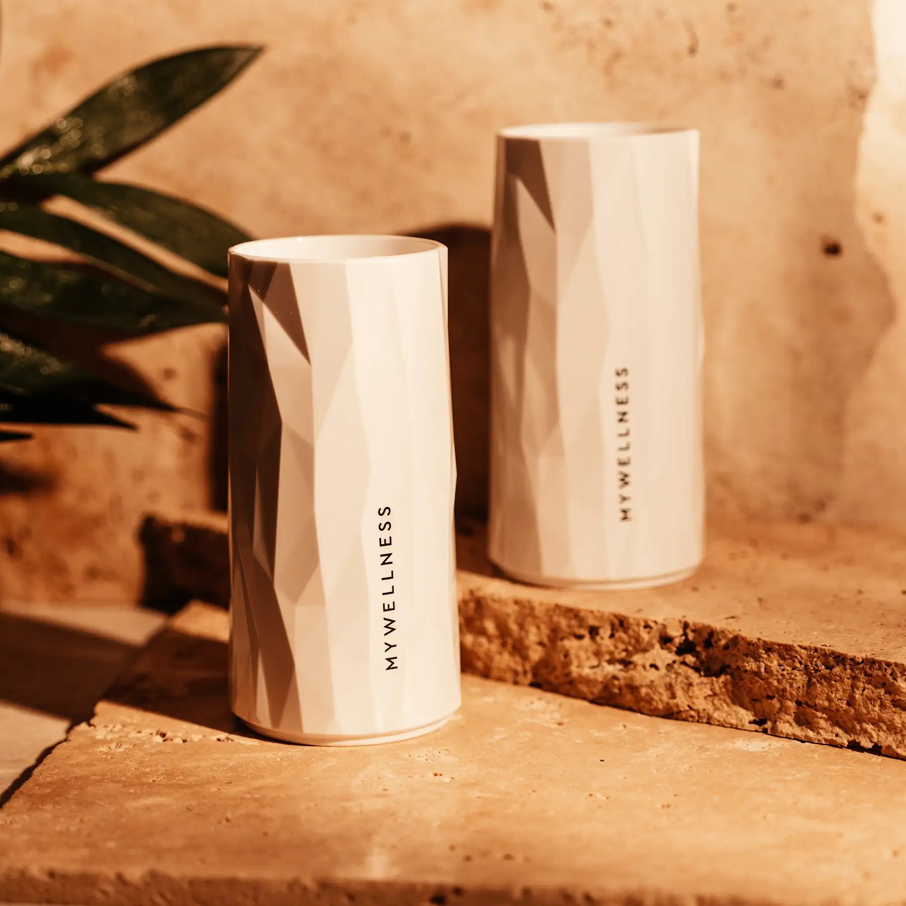 Zwei MYWELLNESS-Longdrinkgläser auf Natursteinuntergrund, beleuchtet von warmem Licht, mit Pflanzenakzent im Hintergrund.