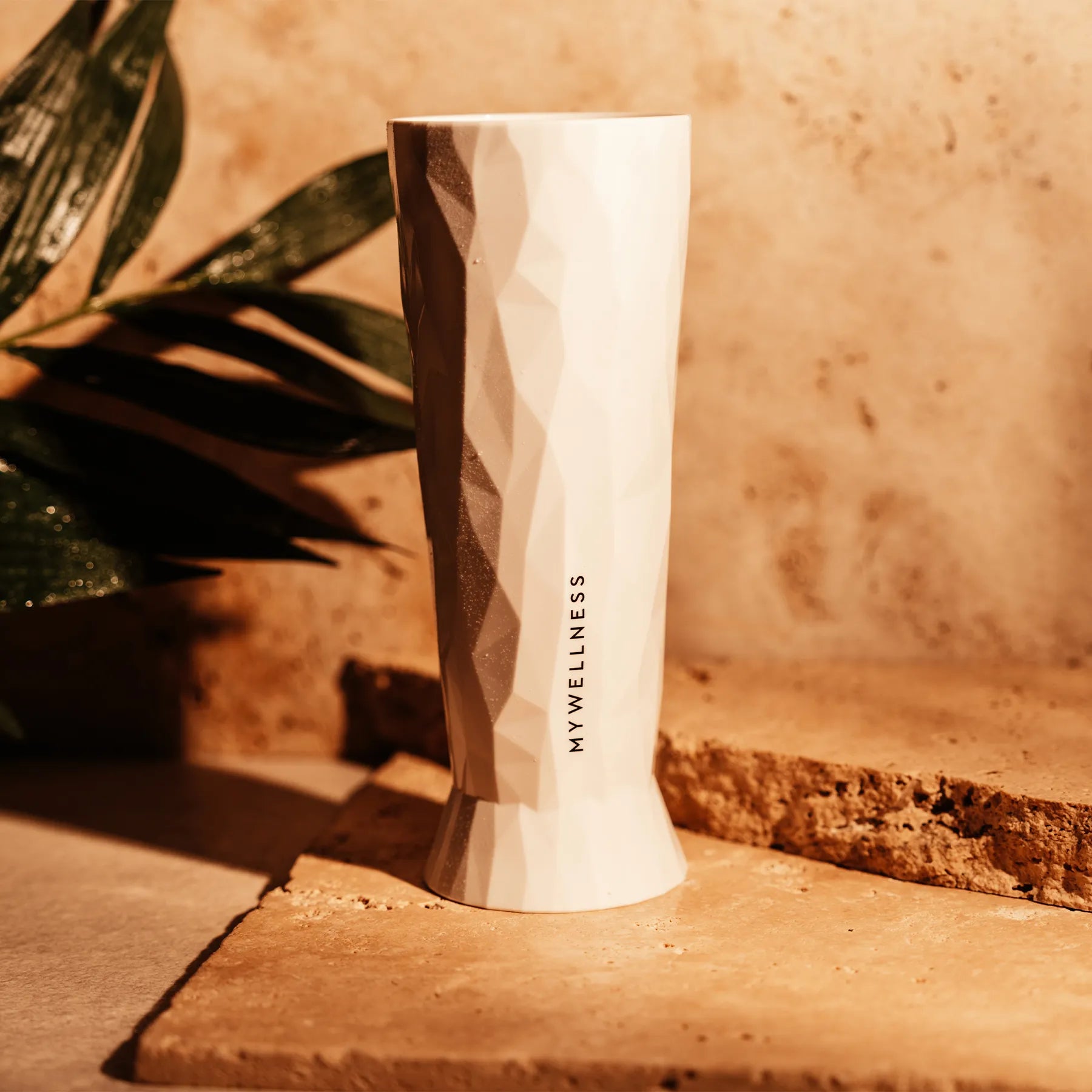 Zwei weiße MyWellness-Weizengläser auf Natursteinuntergrund im warmen Licht, mit grünem Pflanzenakzent.